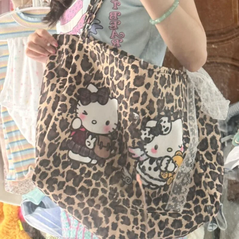 Sanrio Boho Hello Kitty American Leopard Print Shoulder Bag Y2k New Large Capacity Trendy Pattern Backpack Versatile Tote Bag