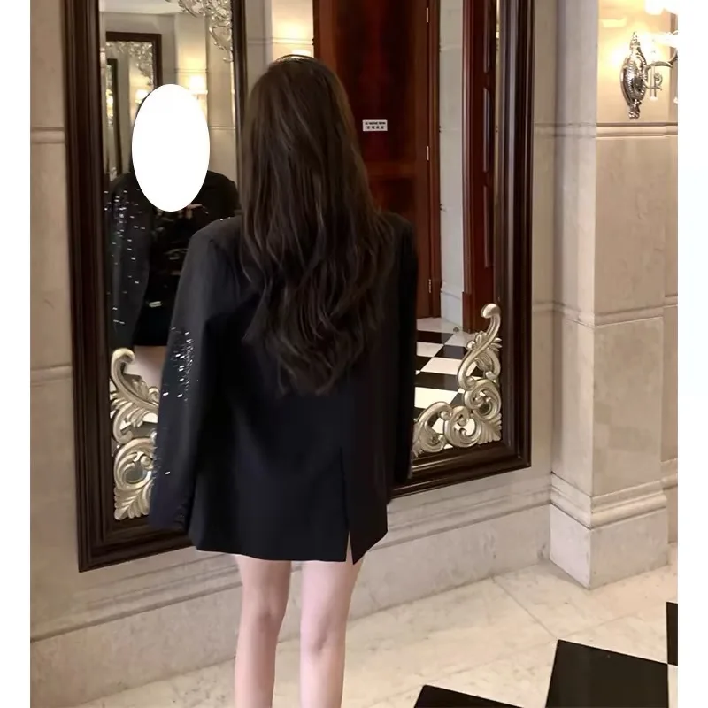 Spring Autumn black Blazer Shiny Silk Loose Diamond Studded Suit Jacket For Women Nail Diamond Waist Cinching Coat