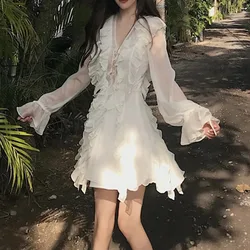 Women Summer Fairy V Neck White Dress Mini Female Sweet Ruffles Casual Clothes Boho Short Chiffon Elegant Holiday Beach Dresses