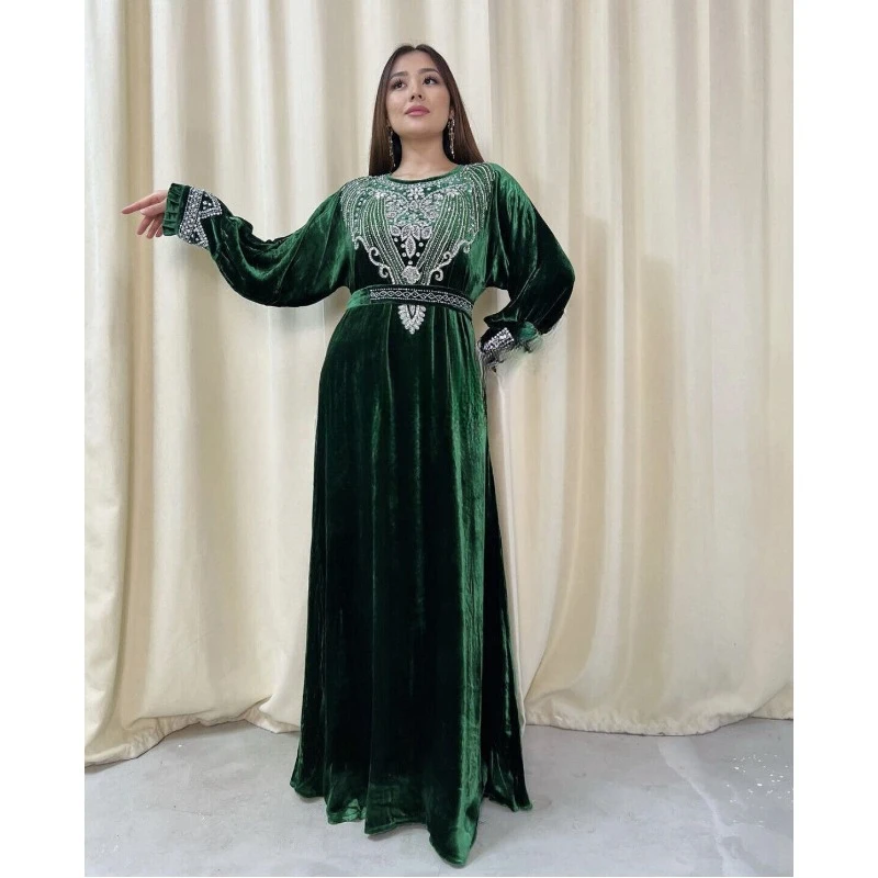 Sale Luxury Green Velvet Bedded Crystal Work Moroccan Kaftan Wedding Dress