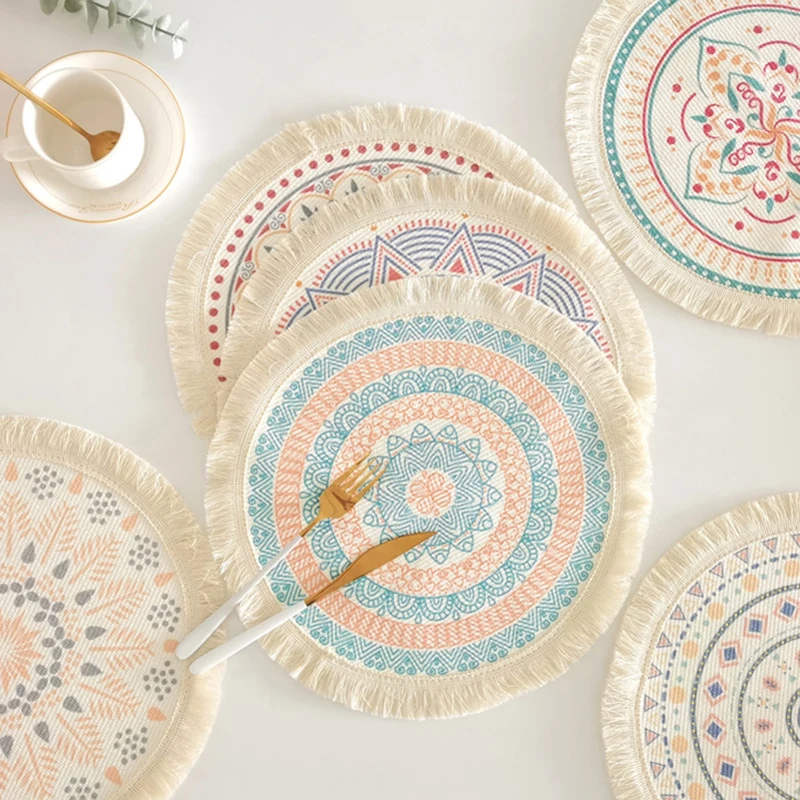 Bohemian Round Placemats Simple Handwoven Jute Placemats Coasters Vintage Cotton Linen Mats Vase Mats Kitchen Accessories