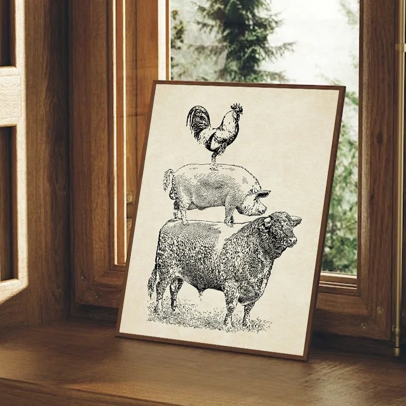 Vintage Farm Poultry Cow Pig Chicken Poster French Country Farmhouse Retro Wall Art Picture Canvas Painting Prints Kitchen Decor