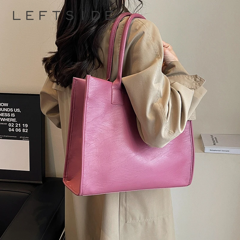 LEFTSIDE Vintage Leather Tote Bags for Women 2024 Spring Designer Females Simple Shoulder Bag Lady Retro Handbags