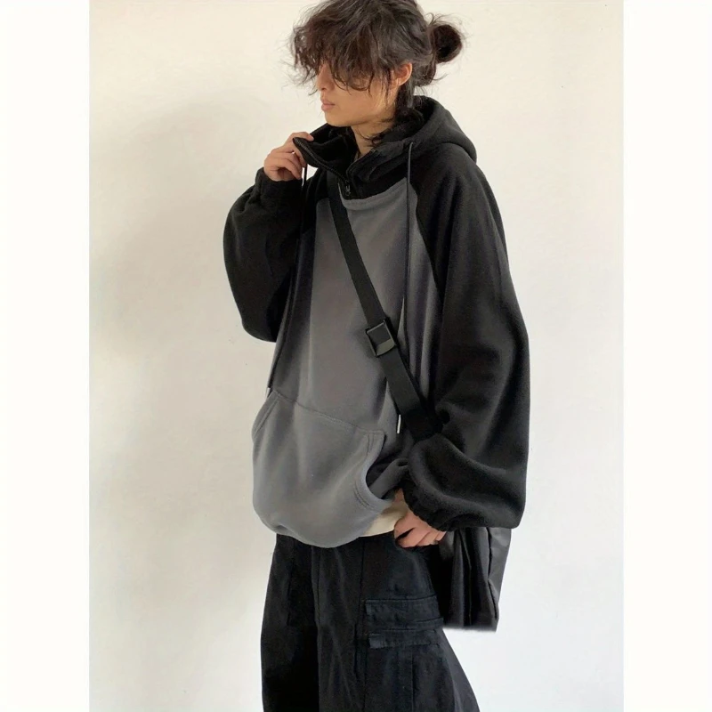 Japanese Oversize Set Men Patchwork Fleece Loose Hooded Sweatshirt+Casual Multi-pocket Wide-leg Cargo Pants Autumn Couple Suit