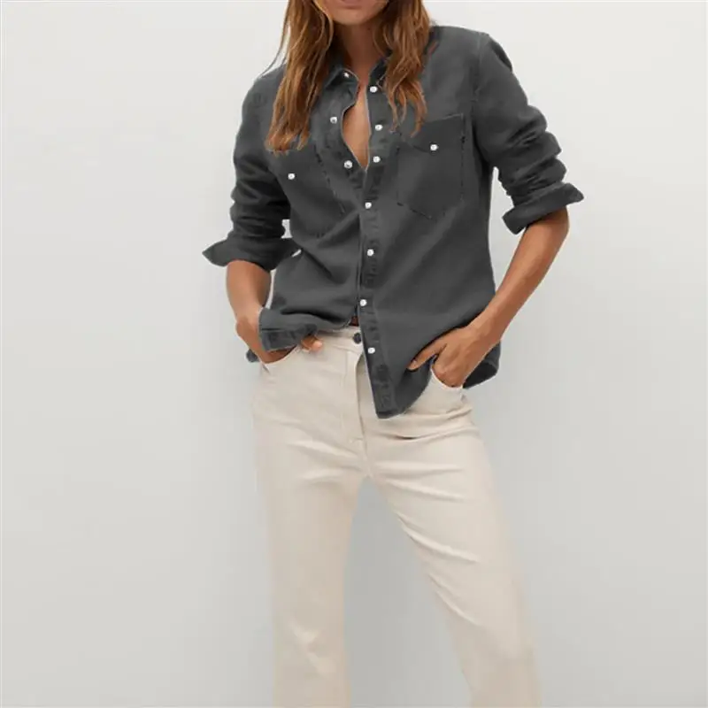 Pure Color Women's Denim Shirt Summer Season Loose Fit Long Sleeve Button up Classic Collar Single Pocket eBay Cross-Border