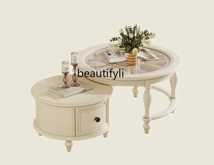 

Solid wood coffee table combination simple household living room French small apartment, telescopic, glass round tea table