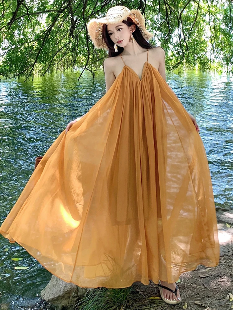 Sukienka damska vintage boho szyfonowa luźna letnia seksowna bez pleców elegancka wakacyjna plażowa codzienna