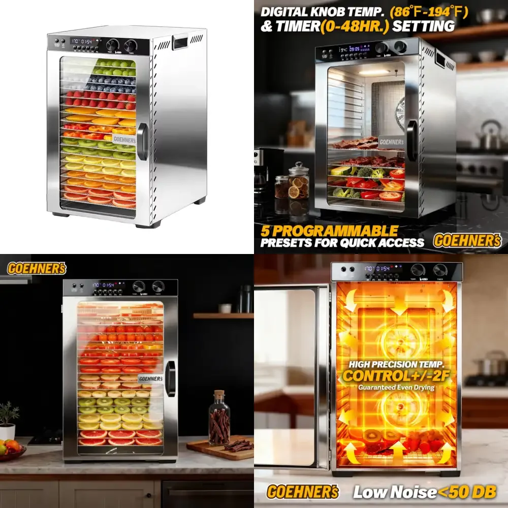 Food Dehydrator Machine Stainless Steel 18 Trays 5 Custom Memories 48H Timer 86F-194F Temperature Control 900W Power Home