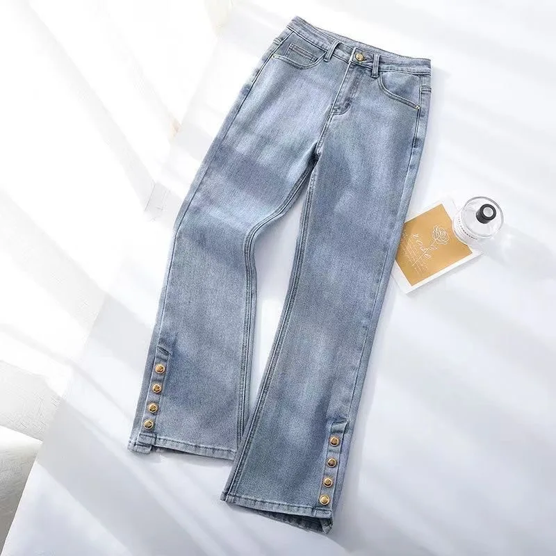 Button Slipt Flare Ankle-length Jeans Skinny High Waist Casual Boot Cut Vaqueros Korea Elegant New Streetwear Women Denim Pants