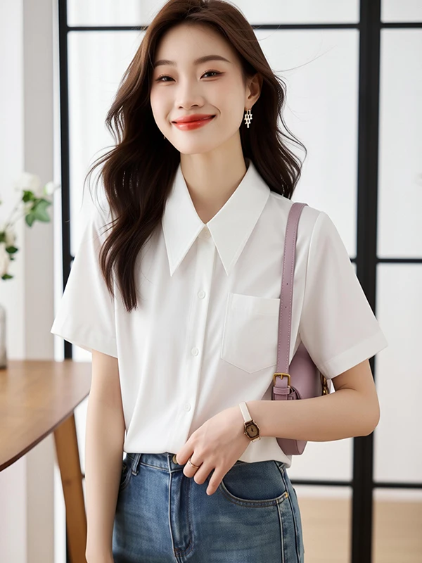 

Summer New Style Women's Shirt Short Sleeve Satin Finish Formal Professional White Top French Style Slim Fit Polyester Fiber
