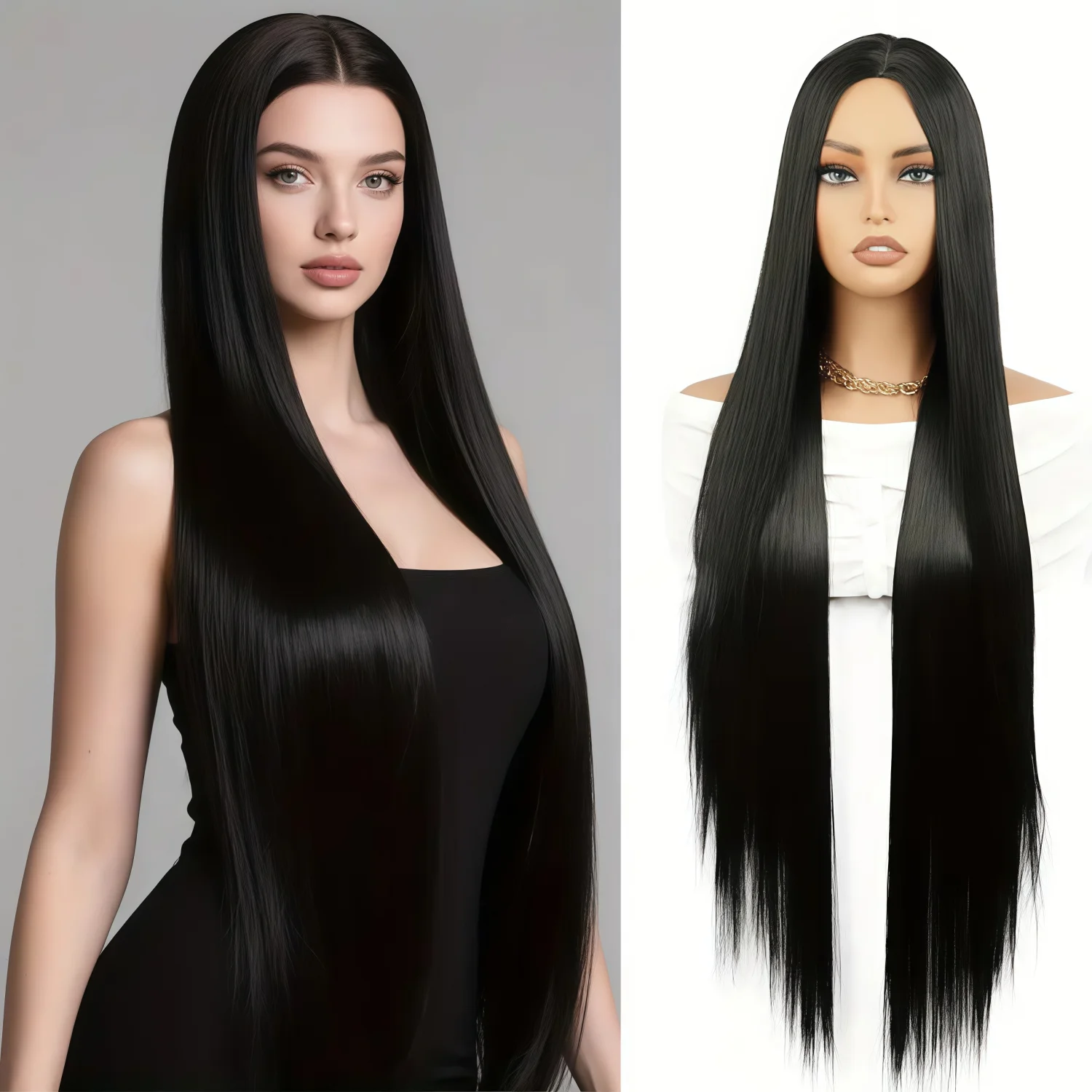 

Элегантный черный прямой синтетический парик длиной 81 см для женщин — высокотемпературное волокно