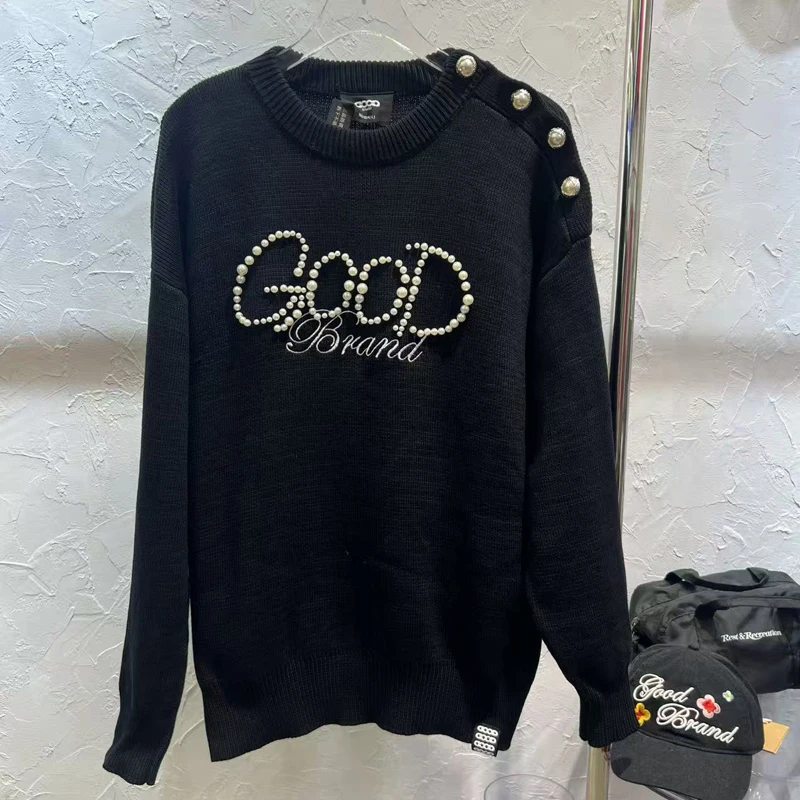 Nuevo estilo coreano buen Top Pearl Knight suéter de punto abotonado de un solo hombro cuello redondo Goodbrand pulóver suelto Casual Stock