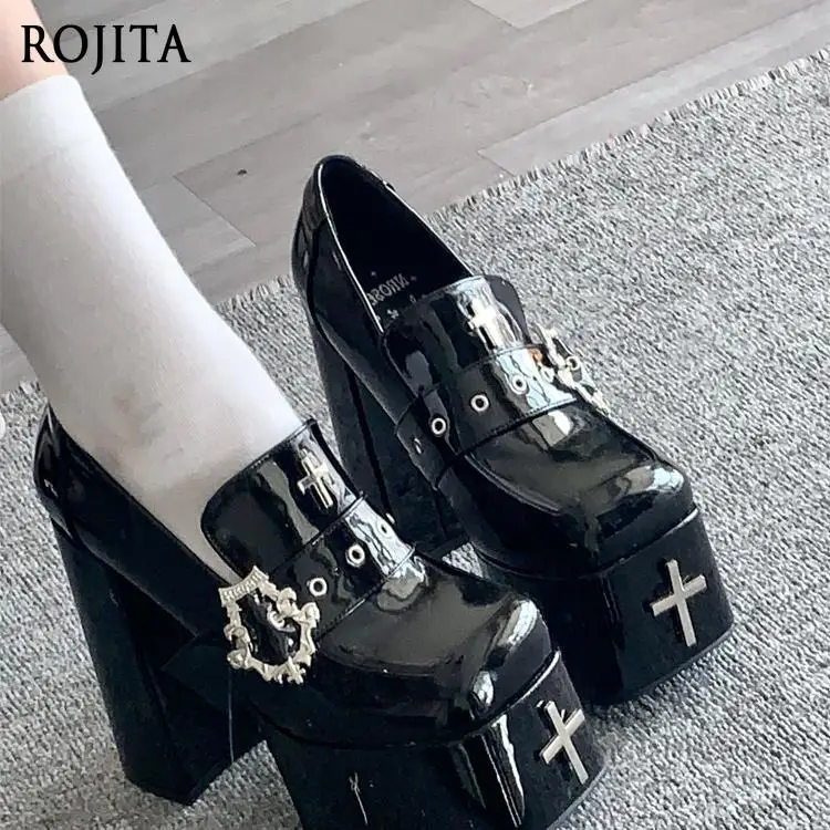 

Ultra High Heel Gothic Style Square Toe Balck Single Shoes Heavy Craft Subculture Design Original Uniform Thick Sole Shoes Women