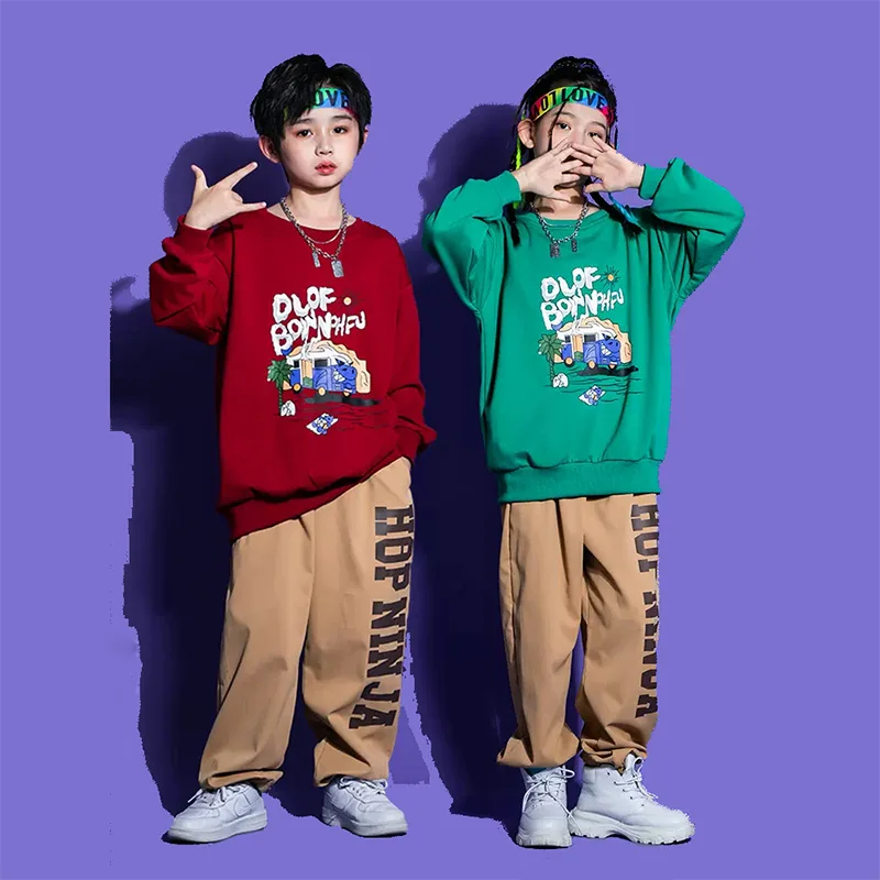 Top de moletom infantil Hip Hop estampado, calça casual street jogger cáqui, traje de dança jazz menina e menino, conjunto de roupas