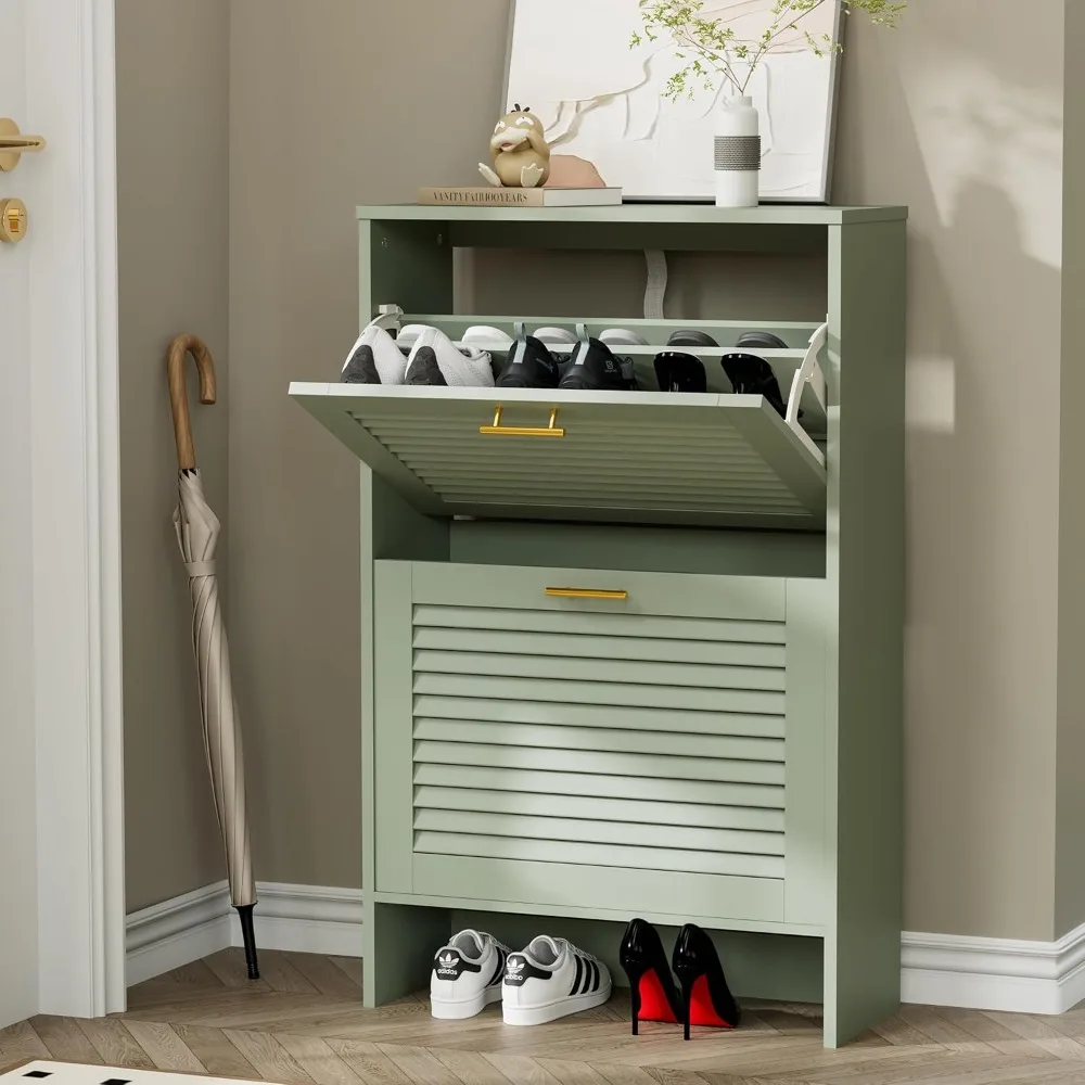 

Shoe Storage Cabinet with 2 Flip Drawers, Louvered Shoe Cabinet for Entryway, Narrow Hidden Storage Organizer Space Saving