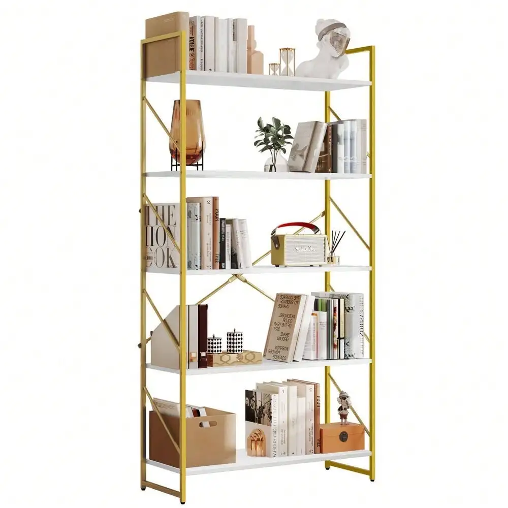 5-Tier Ladder Shelf Gold Bookshelf Bookcase Storage Rack Plant Flower Stand