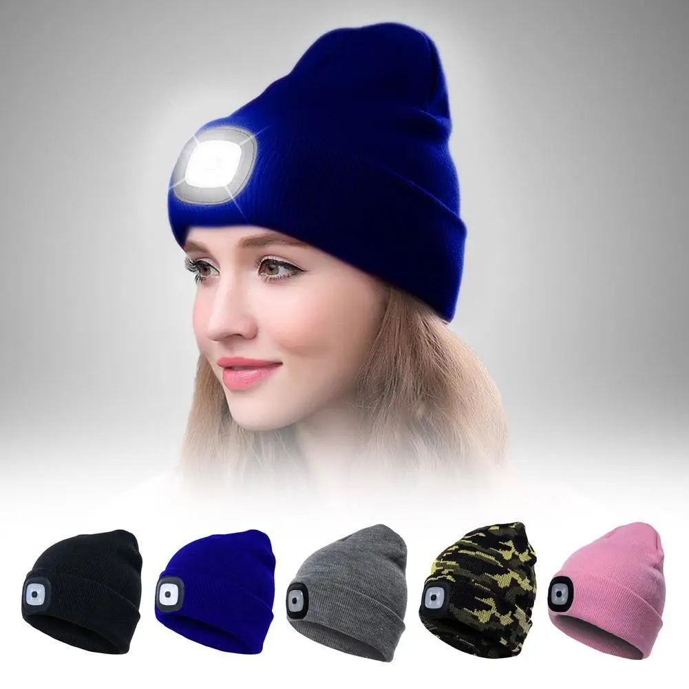 Led Light Knitted Hat Autumn Winter Warm Elastic Beanie Outdoor Sport Night Hiking Fishing Camping Bonnet Three-speed Adjustable