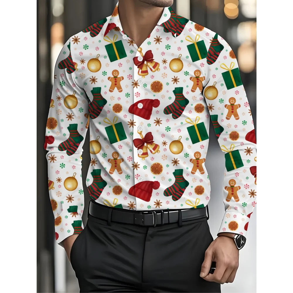 Men's Christmas Theme Red Long-Sleeved Christmas Tree Santa Claus Graphic Long Sleeve Shirt Winter Clothing Fashion Men's Shirt