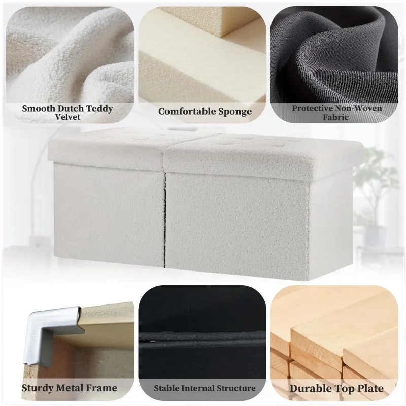 Furniture Storage Ottoman Bench, 34 Folding Velvet Foot Rest Stool, White Stools Ottomans