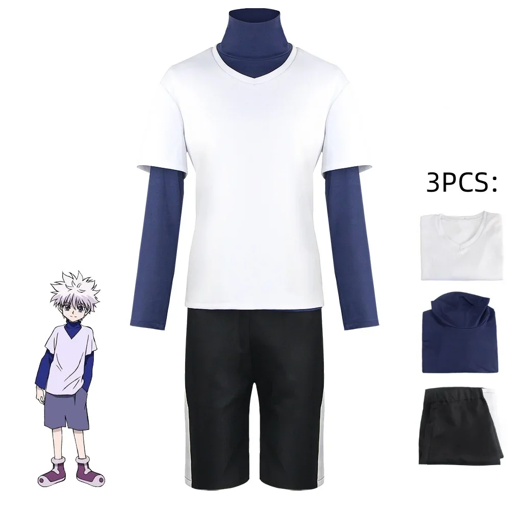 

Костюм для косплея аниме Hunter X Hunter Killua Zoldyck, мужская форма, летняя футболка с длинным рукавом, базовая модель на Хэллоуин