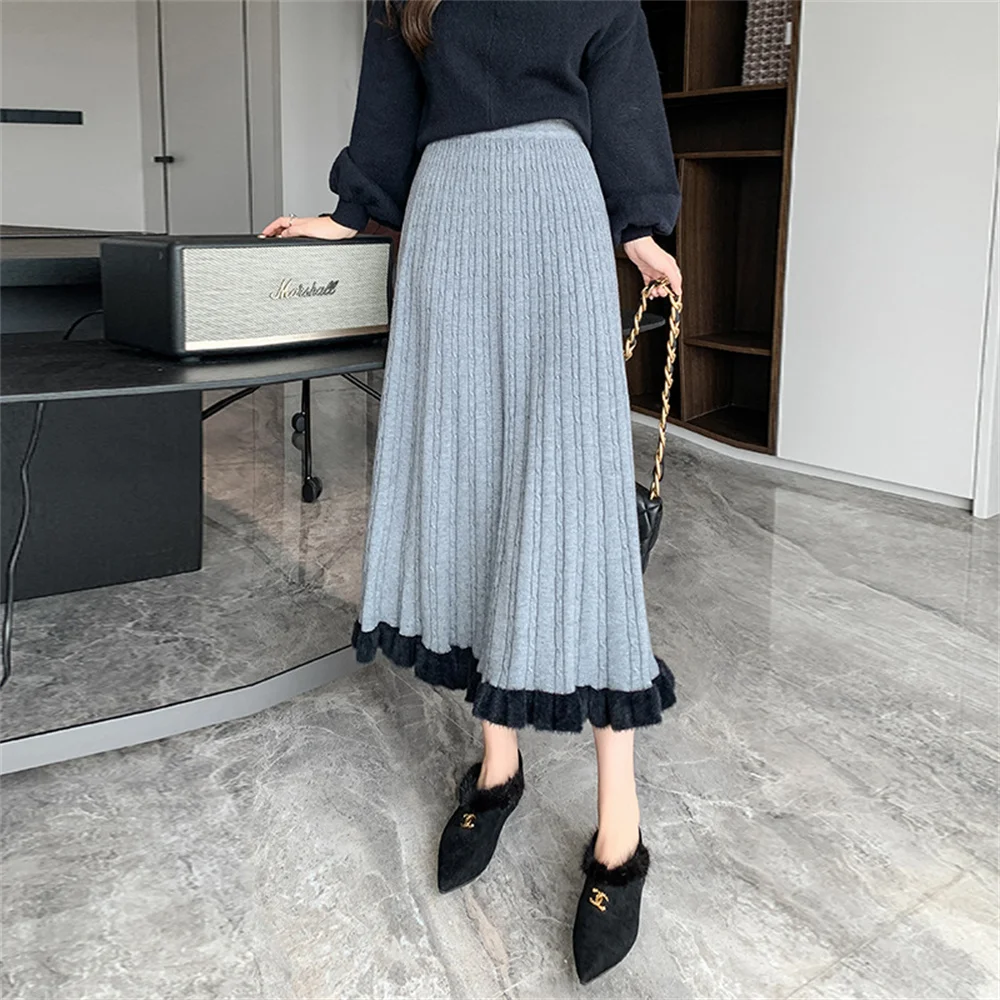 

Женская шерстяная юбка 2026: Новая осенне-зимняя модель с эластичной высокой талией, плотная вязаная юбка миди с оборками и плиссировкой