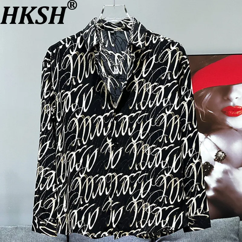

HKSH весна лето новые мужские Ins Chic High Street корейские повседневные свободные универсальные однобортные рубашки с длинными рукавами с принтом HK6433