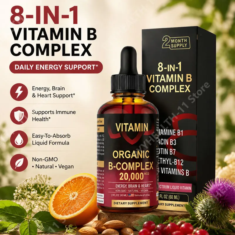 8-in-1 Vitamin B Complex Organic Liquid Drops with B1 B3 Biotin Methylcobalamin B12 for Energy Immune, Brain & Mood Support 60mL