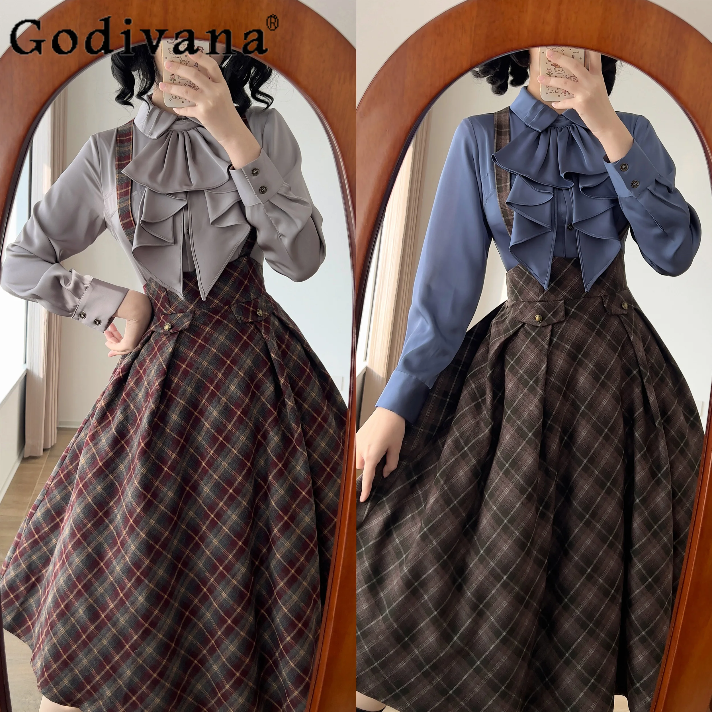 

Original French Cla Retro Elegant Lolita Dress Set Autumn Winter New Women's Slim Fit Long Sleeve Shirt Plaid SK Blazer Set