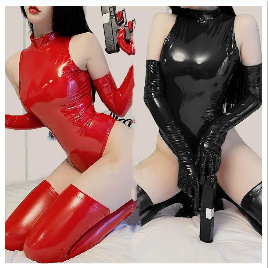 

Night club super bright PVC sleeveless neck and hip triangle onesie three-piece set