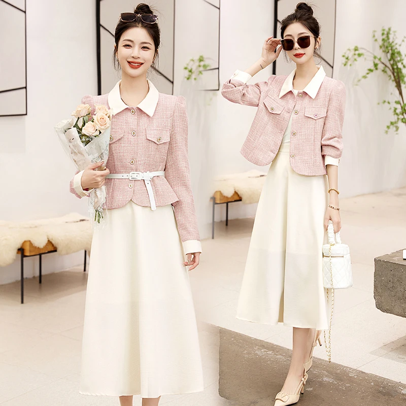 Korean Sweety 2pcs Sets Girls Short Blazer Coat Belt Jackets +Mid A-Line Skirt Suits Women Outfits Casual Office Lady Work