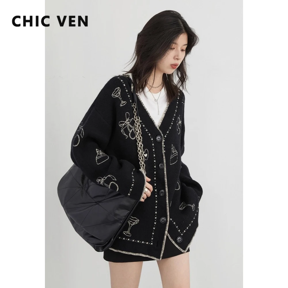 

CHIC VEN Korean Women Knitted Cardigan Loose Casual V-neck Embroidered Sweater Girl Jumpers Autumn Winter 2025 Clothing