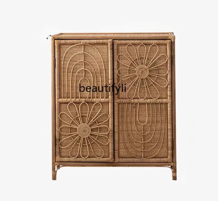 

Retro simple rattan storage cabinet home foyer dining side solid wood B&B light luxury entrance storage cabinet