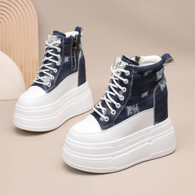 

10 см 12 см джинсовая ткань дышащие летние массивные кроссовки обувь на платформе женские модные кроссовки на танкетке женские повседневные вулканизированные