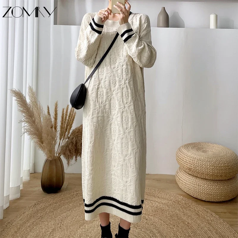 ZOMRY Autumn Winter Women\'s Midi Sweater Knitting Dress Korean Regulai Fit Embroidery Print Striped Long Sleeve Causal Clothing