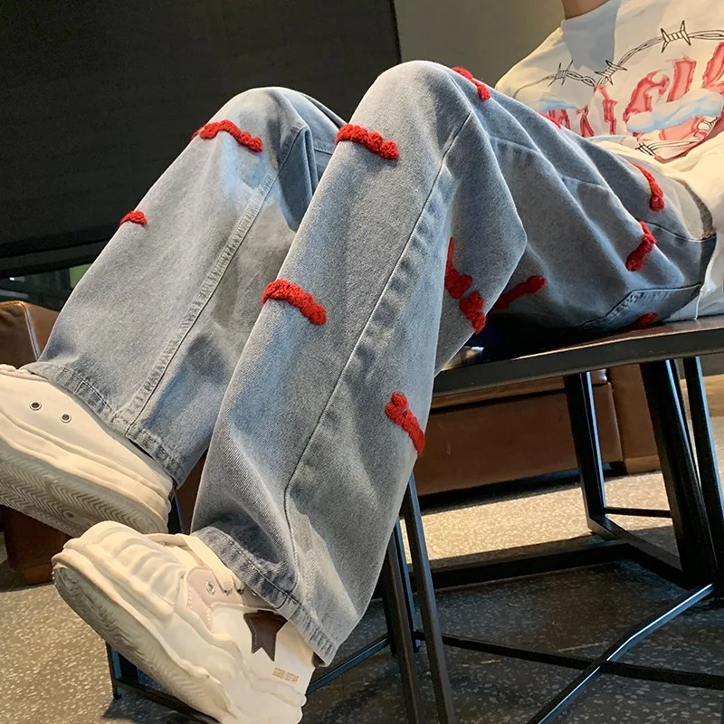 

American High Street Flocking Embroidery Men's Jeans Straight Loose Wide Leg Pants Hip Hop Style Casual Youth Fashion
