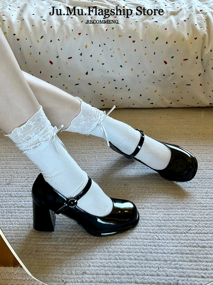 Mary Janes High Heels Women's Spring Summer New Style Square Head Ultra High Heels Retro Leather Shoes Thick Heel Single Shoes