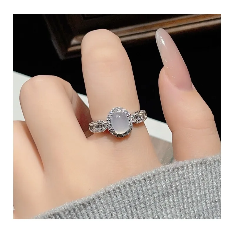 

Delicate Ice Transparent Imitation White Chalcedony Oval Ring Women's New Chinese Style Light Luxury Geometric Zircon Adjustable