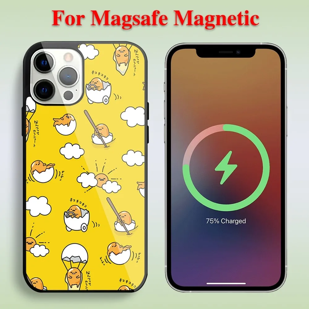 MINISO Sanrio Cute G-GUDETAMA Phone Case For iPhone 11 12 13 14 15 Max Plus Pro Magnetic Glass Magsafe Charging Shell