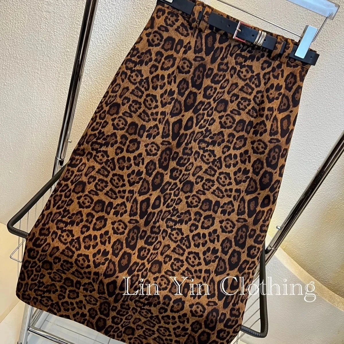 Spring Leopard print Long Skirt, for Women, 2024 Autumn Winter, High Waist Retro Split deer skin velvet Skirts