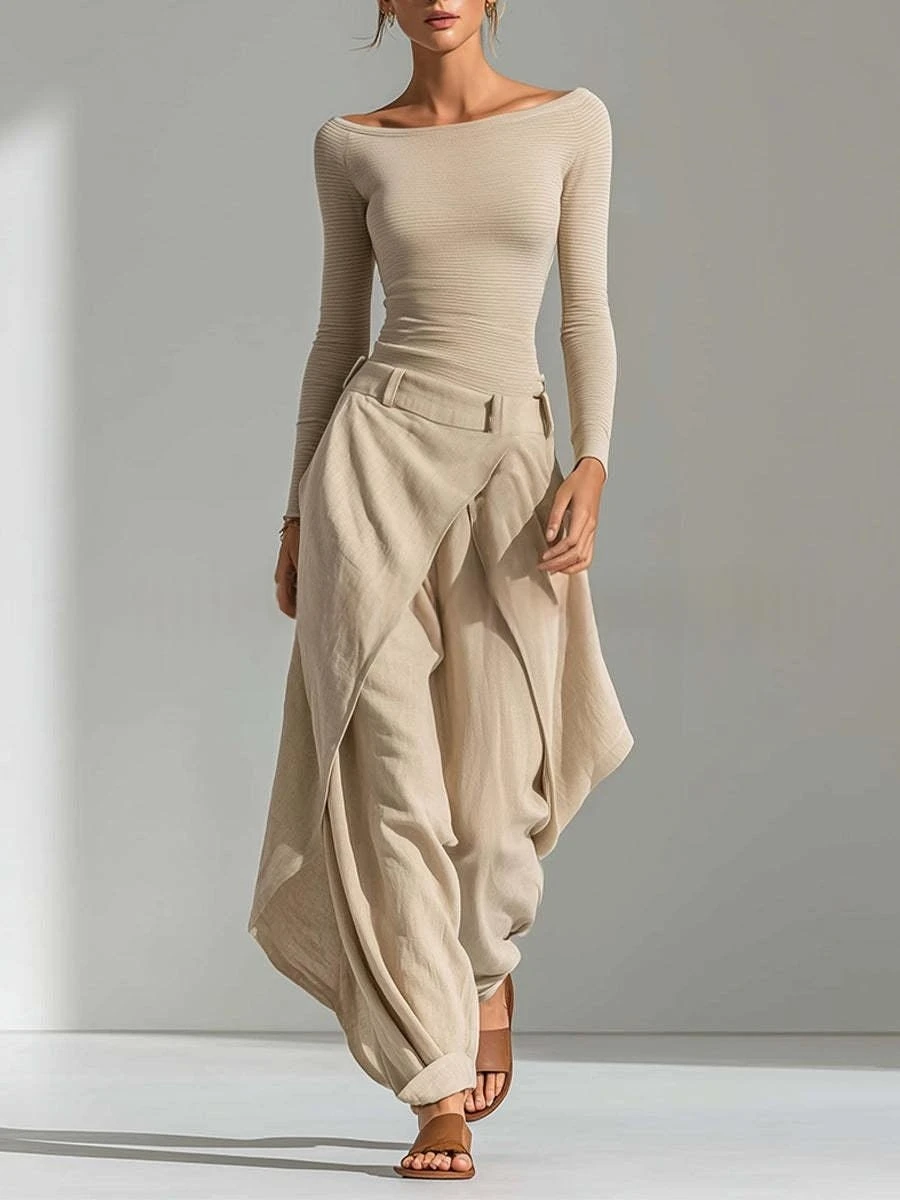 Elegant Women Two Piece Set Boat Collar Ribbed Knit Long Sleeve Blouse High Waist Irregular Wrap Layer Wide Leg Trousers Outfit
