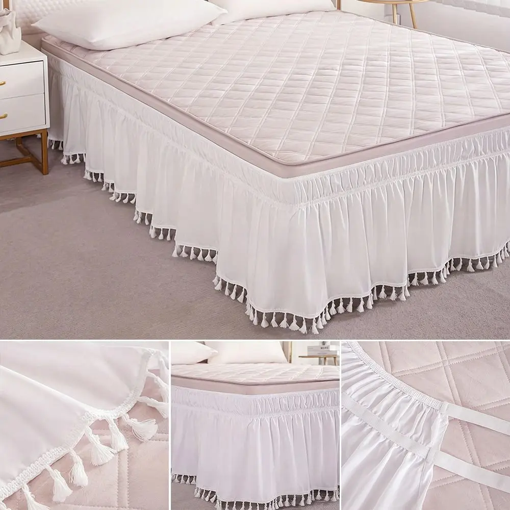 Solid Color Bed Skirts Fade Resistant Wrinkle Resistant Bed Ruffles Wrap Comfortable Breathable Tassel Bed Skirt