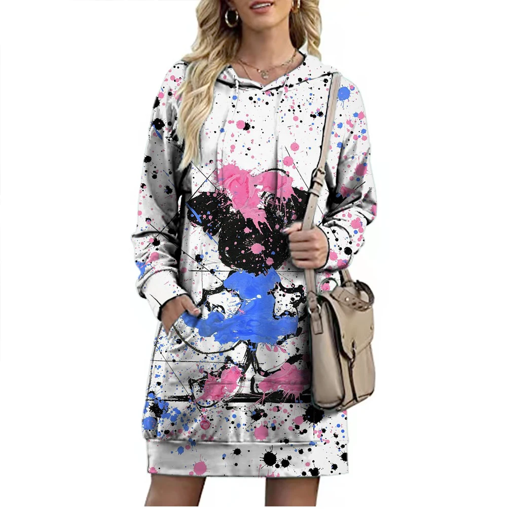 Queda Elegante Disney Marca Mickey e Minnie Dos Desenhos Animados 3D Impresso Moda Casual Senhoras Boho Solto Alongado Hoodie Y2K