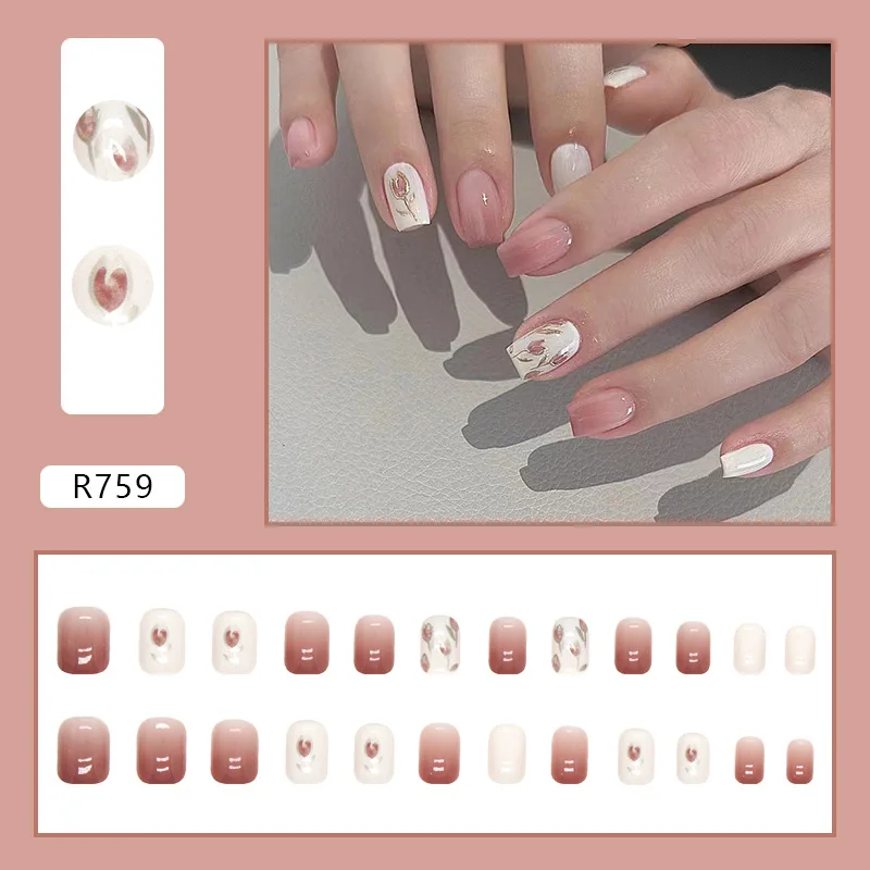 

24PCS Blush Ombré Press-On Nails – Medium Square Shape With Vintage Tulip Motifs on White Base (Romantic Ins Aesthetic)
