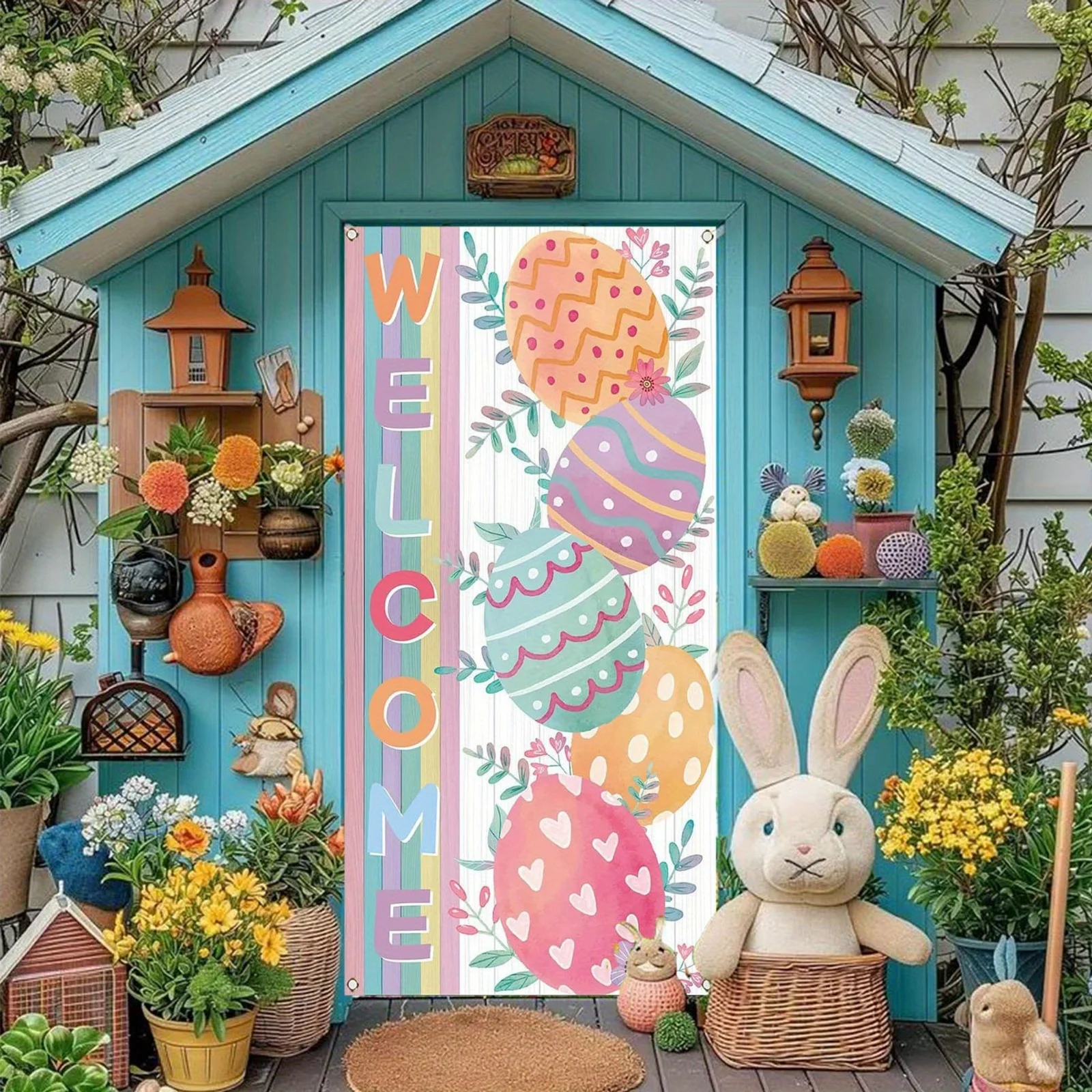 

2D door banner Easter door cover, colorful letter Easter egg pattern, Easter door decoration suitable for family gatherings