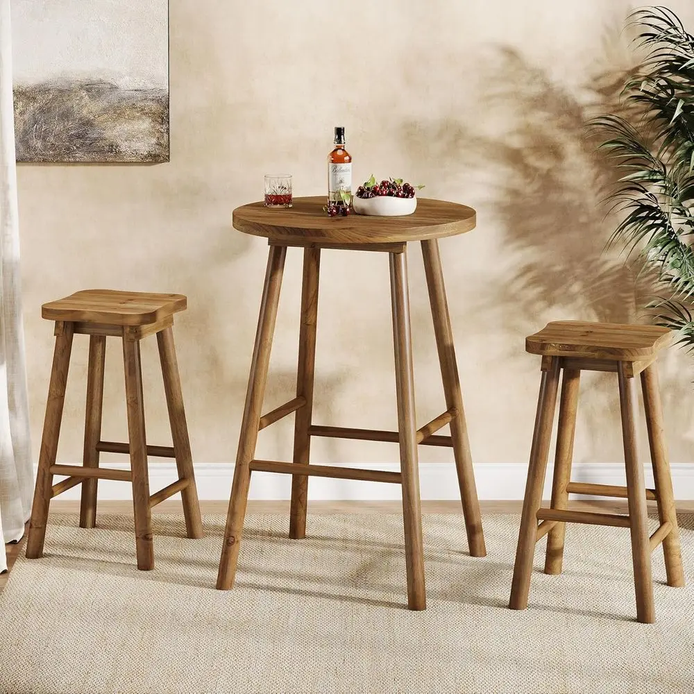 

Round Bar Table with Chairs, 37.4 High Solid Wood Pub Table, Farmhouse Bistro Sets with 2 Barstools for Small Bars, Dining Room,