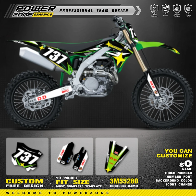 

PowerZone Custom Team Adhesive Decals Vinyl Sticker Kit For Kawasaki 2019 -2023 KXF KX450 2021-2024 KXF KX250 Motorcycle 01