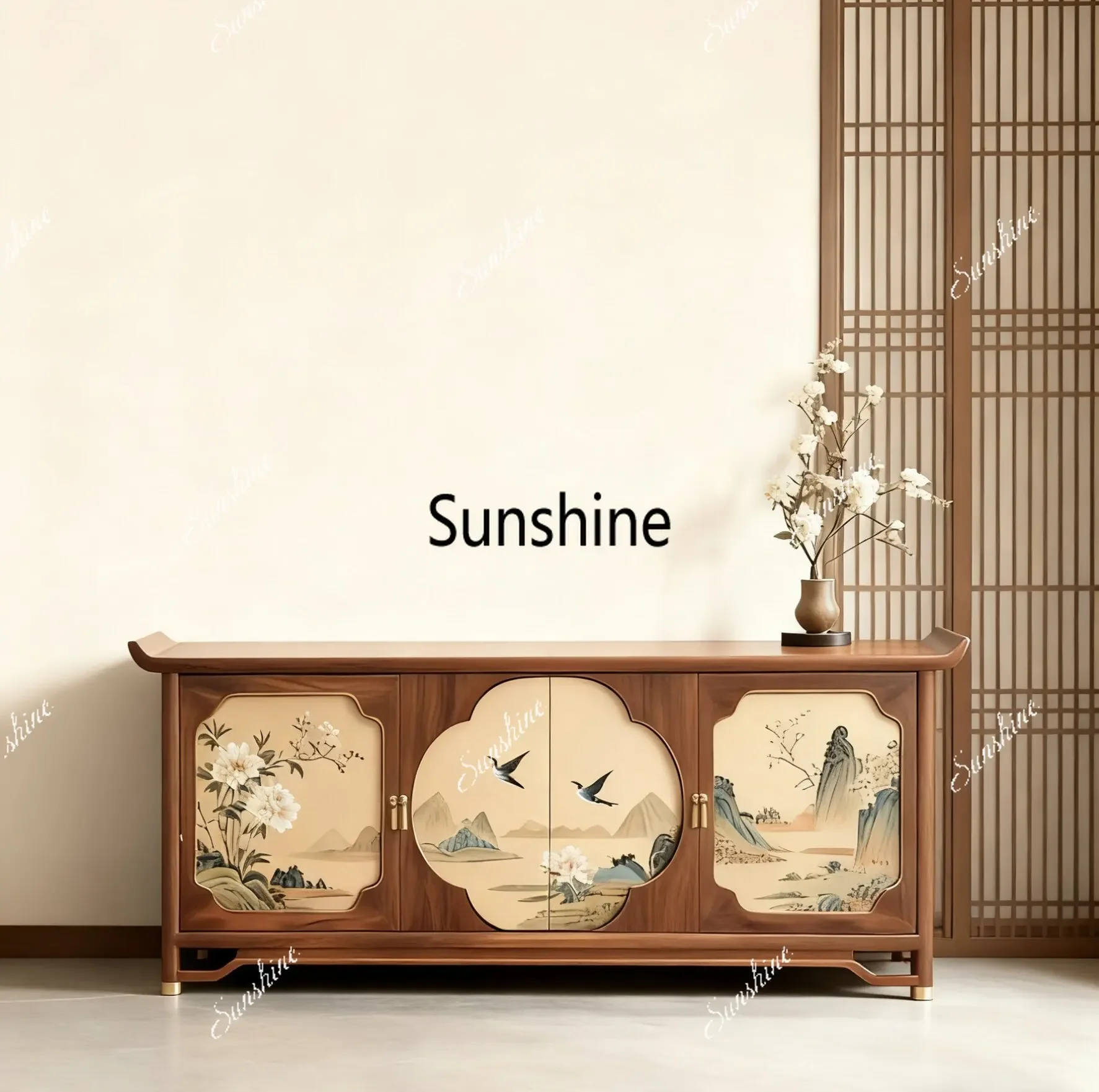 

New Chinese-style flower and bird painted hotel B & B door restaurant solid wood storage decorative side cabinet