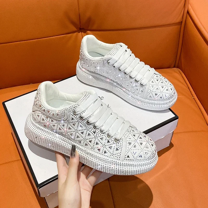 Luxury bling bling Women Platform Crystal Shoes Girls rhinestones Thick-soled White Silver Shining Trend Sneakers Loafers Autumn