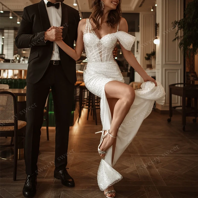 Luxurious Detachable Train Wedding Dress Fully Beaded Slit A Mermaid Ball Gown Sleeveless Square Collar Customized Bride Lace Up