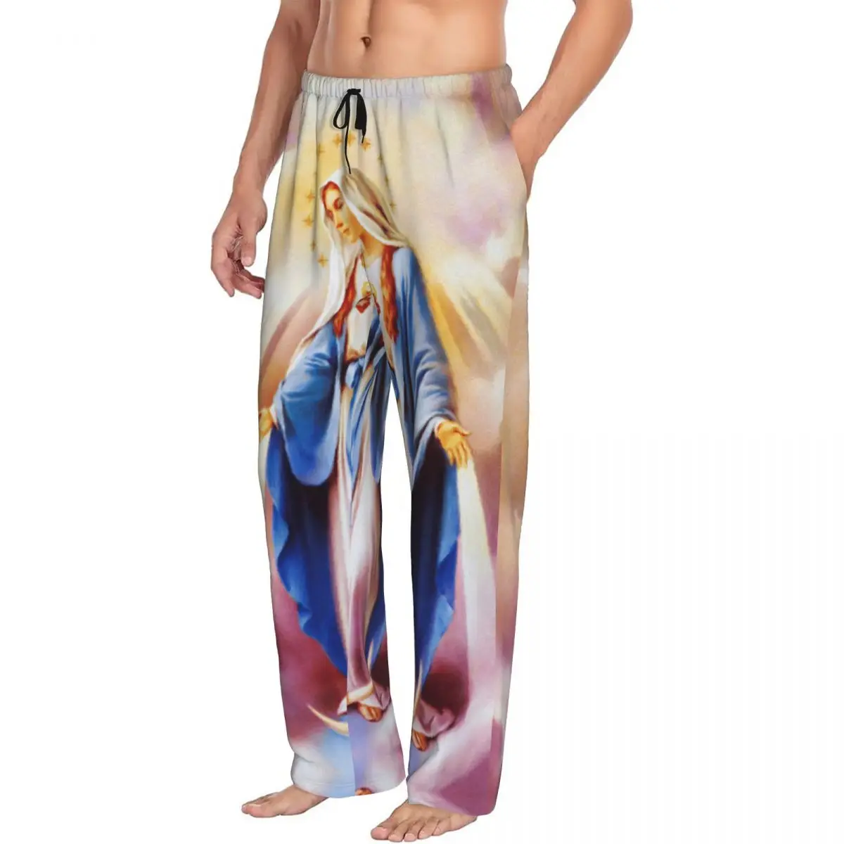 Custom Print Men's Catholic Virgin Mary Pajama Pants Our Lady of Guadalupe Sleepwear Sleep Lounge Bottoms with Pockets